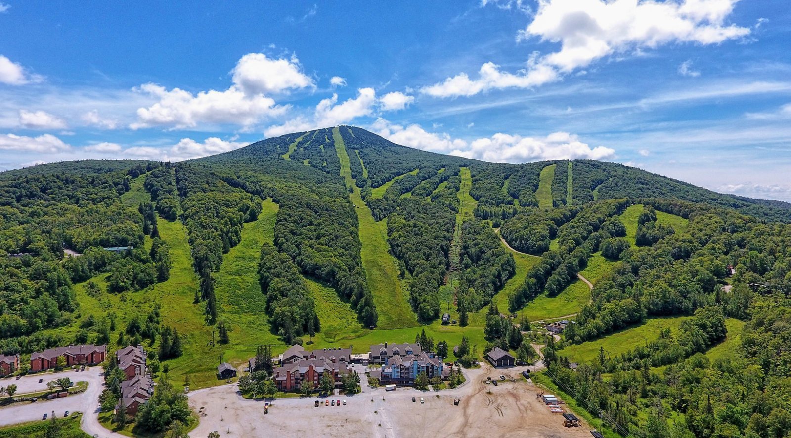 Aerial summer view of Pico Mountain trails and base area